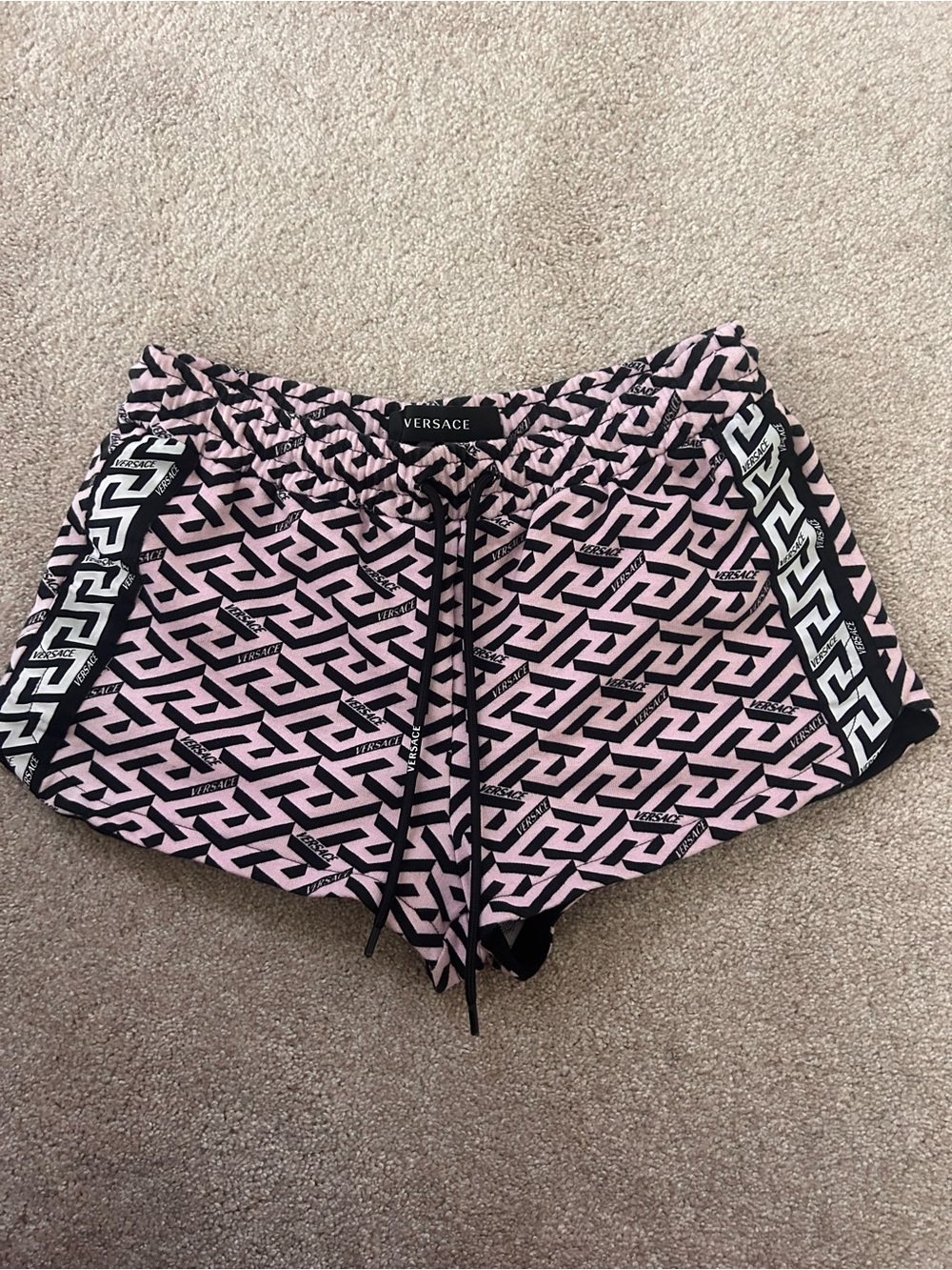 Versace Designer Pink and Black Logo-Print Athletic Shorts